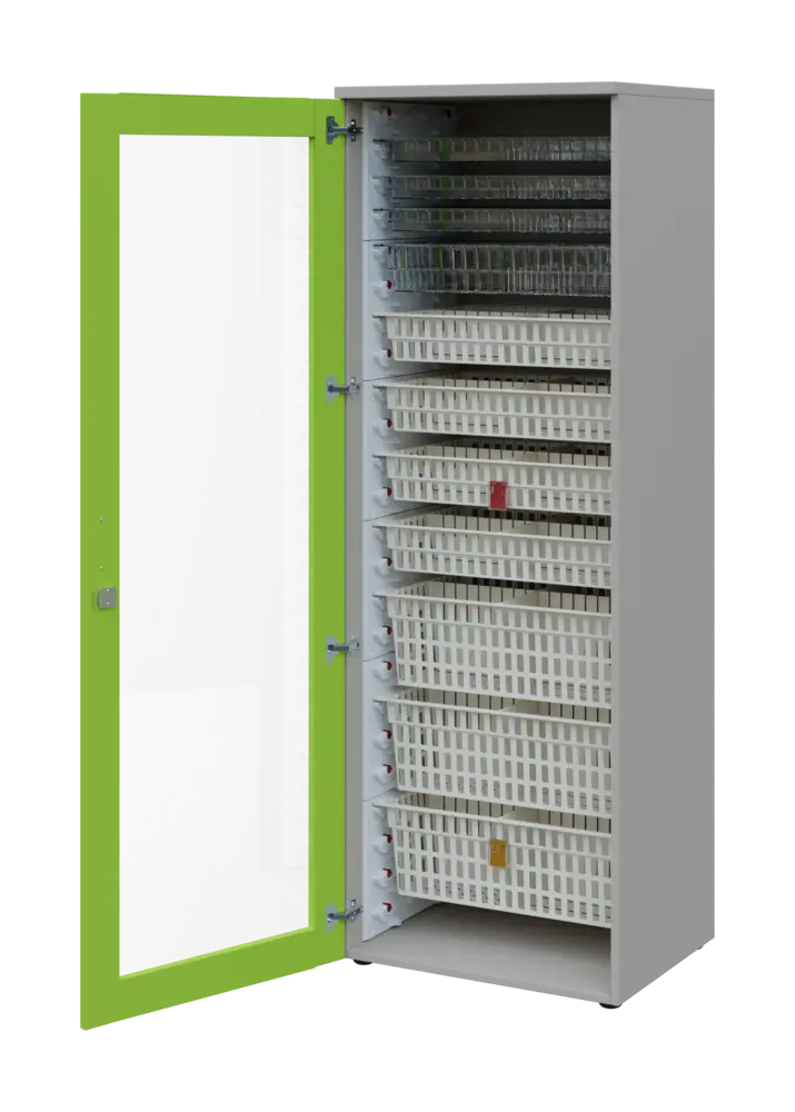 EUROMEDICA S - 66 skříň léková boxová, 1-dveřová/prosklená, levá, 1950x660x535, korpus šedý, dvířka jarní zeleň